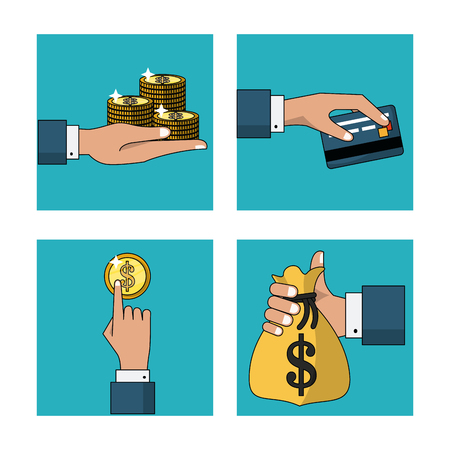 white background with set of frames with cash payments and credit card vector illustrationのイラスト素材