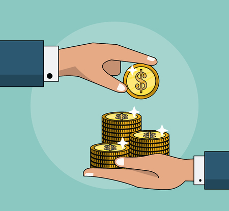 colorful background with transaction with coins between two persons vector illustrationのイラスト素材