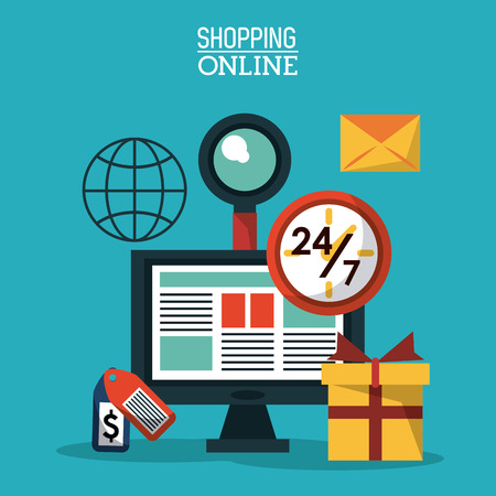 colorful poster shopping online with desktop computer and icons for purchase online vector illustrationのイラスト素材