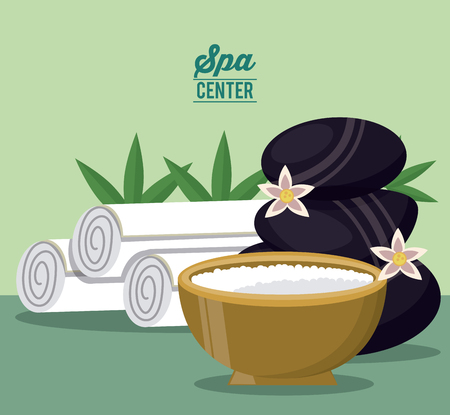 color poster of spa center with bowl and set of towels and black stones vector illustrationのイラスト素材