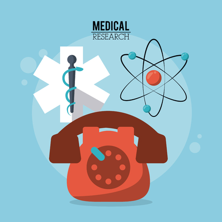 color poster medical research with star of life and phone and atom icon vector illustrationのイラスト素材