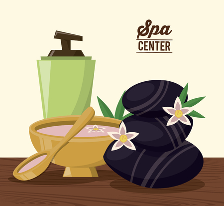 color poster of spa center with cream dispenser and volcanic stones and bowl vector illustrationのイラスト素材
