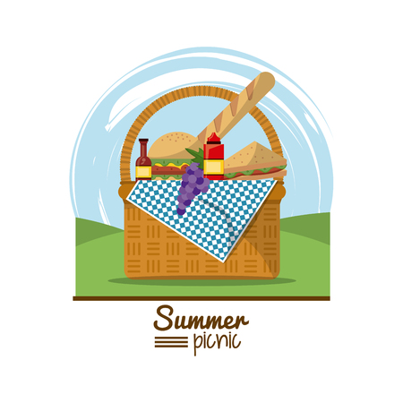 colorful summer picnic with outdoor landscape and picnic basket full of food vector illustrationのイラスト素材