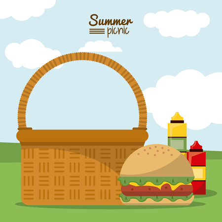 Colorful poster of summer picnic with outdoor landscape with picnic basket with hamburger and sauces vector illustrationのイラスト素材