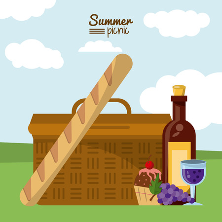 Colorful poster of summer picnic with outdoor landscape with picnic basket and french bread and dessert and wine bottle vector illustrationのイラスト素材