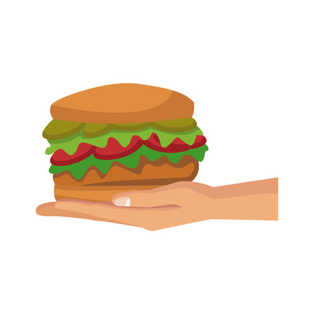 human hand holding delicious hamburger food vector illustrationのイラスト素材