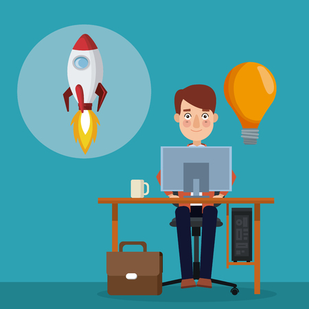 blue color background with businessman in workplace and icon rocket vector illustrationのイラスト素材