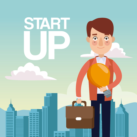 city landscape background closeup man with portfolio and light bulb star up vector illustrationのイラスト素材