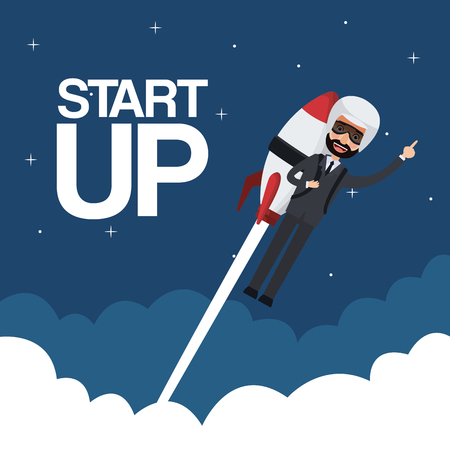 cloud landscape background star up business man flying in rocket vector illustrationのイラスト素材