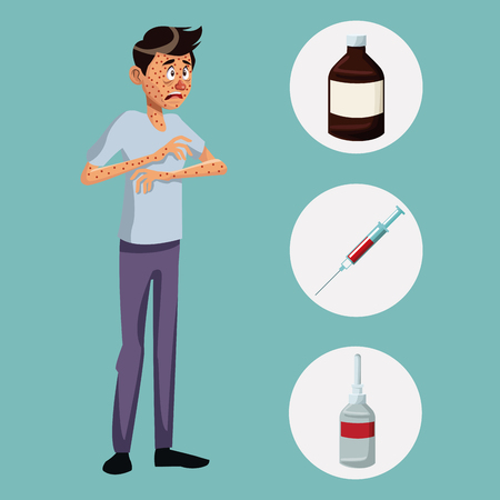 blue color background with rash sickness man full body icons medicine vector illustrationのイラスト素材