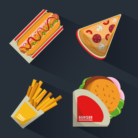 colorful background with fast foods burguer and hotdog and pizza and fries vector illustrationのイラスト素材
