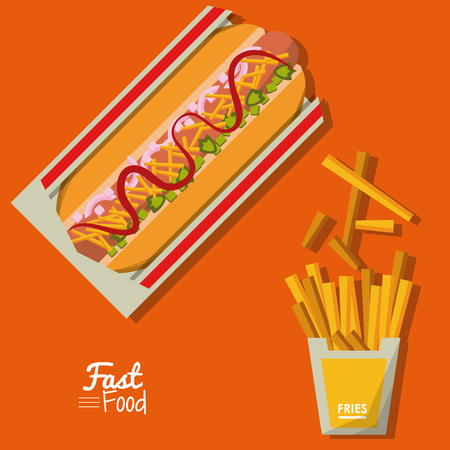poster fast food in orange background with hotdog and fries vector illustrationのイラスト素材