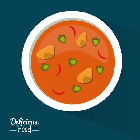 poster delicious food in dark blue background with dish of soup with vegetables vector illustrationのイラスト素材