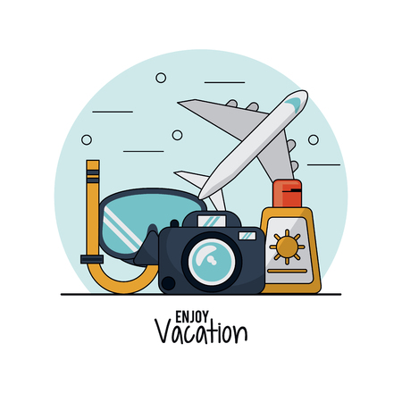 white background of enjoy vacation with snorkel and airplane and sunblock and photo camera vector illustrationのイラスト素材