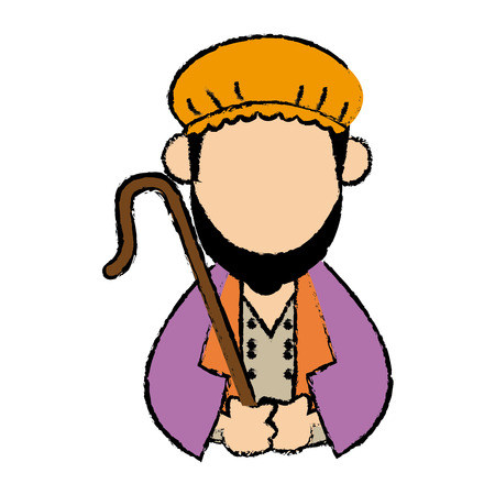 cartoon shepherd holding stick with tunic and turban vector illustrationのイラスト素材