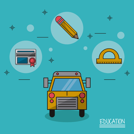 colorful poster of education with school bus in closeup and icons of diploma and pencil and protractor vector illustrationのイラスト素材