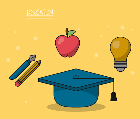 colorful poster of education with graduation cap in closeup and icons of pencil and fountain pen and apple fruit and light bulb vector illustrationのイラスト素材