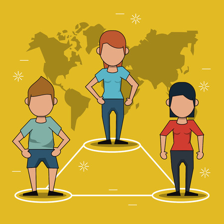 yellow background with map of the world and link between people vector illustrationのイラスト素材