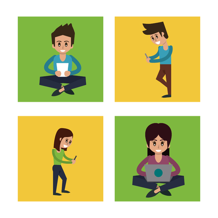 white background with colorful squares with man and woman in communicating via mobile devices vector illustrationのイラスト素材
