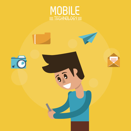 color poster of mobile technology with man half body standing with smartphone and icons apps on top vector illustrationのイラスト素材