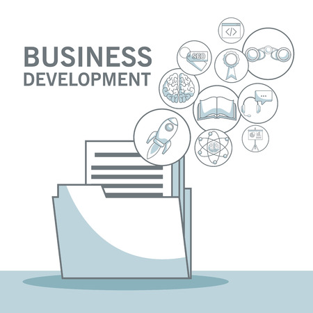 white background with silhouette color sections shading of folder documents with floating icons business development vector illustrationのイラスト素材