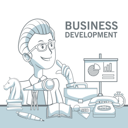 white background with silhouette color sections shading of closeup executive man and elements business development vector illustrationのイラスト素材