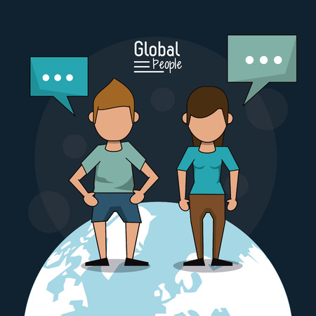 poster of global people with dark blue background with faceless couple over planet earth and text dialogues vector illustrationのイラスト素材