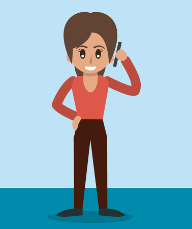 color background of woman standing and talking in smartphone vector illustrationのイラスト素材