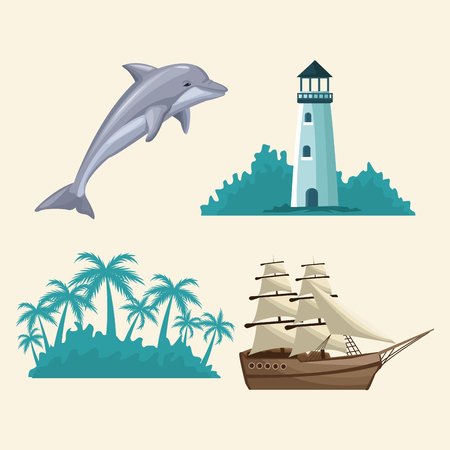 white background with colorful set summer time ocean vector illustrationのイラスト素材