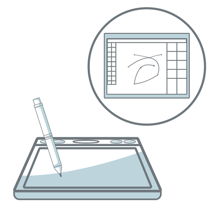 white background with silhouette color sections shading of digitizer with pen and icon window program design vector illustrationのイラスト素材