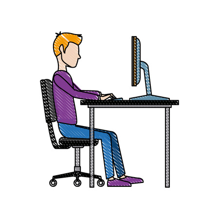 young man working on computer at office desk vector illustrationのイラスト素材