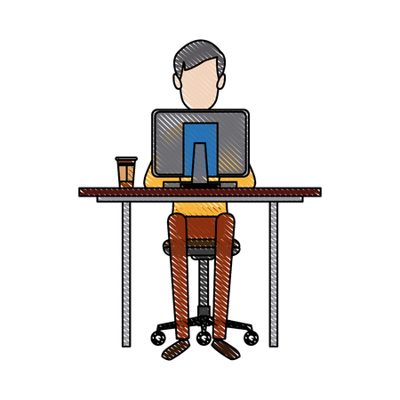 young man working on computer at office desk vector illustrationのイラスト素材