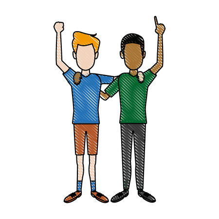 two boys smiling hugging and waving their hands best friendsのイラスト素材