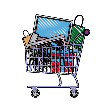 Shopping cart full with television, cellphone, bags, biggest discount promotionのイラスト素材