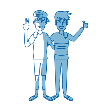 two boys smiling hugging and waving their hands best friends vector illustrationのイラスト素材