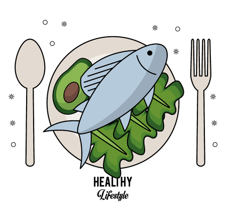 white background of healthy lifestyle with cutlery set and dish with fish and lettuce and avocado vector illustrationのイラスト素材