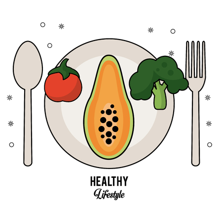 white background of healthy lifestyle with cutlery set and dish with tomato papaya and broccoli vector illustrationのイラスト素材
