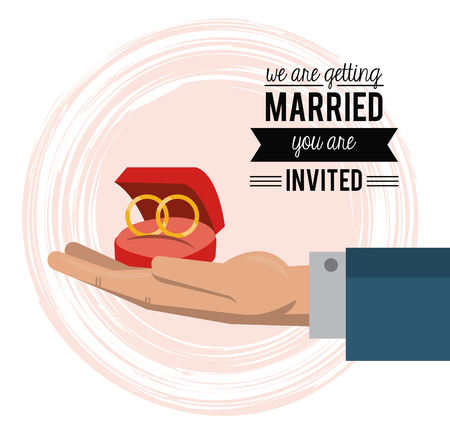 colorful card of invited of we are getting married with hand holding wedding rings vector illustrationのイラスト素材