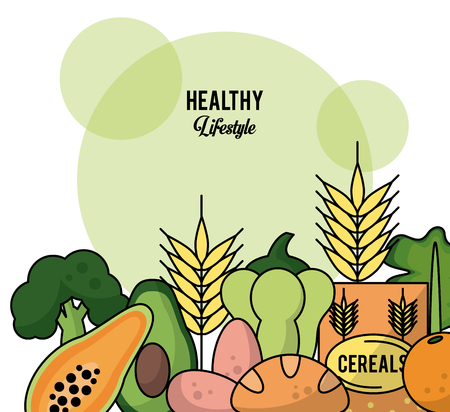 colorful background of healthy lifestyle with set of fruit vegetables and cereals vector illustrationのイラスト素材