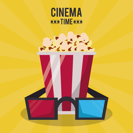 colorful poster of cinema time with 3D glasses and popcorn vector illustrationのイラスト素材