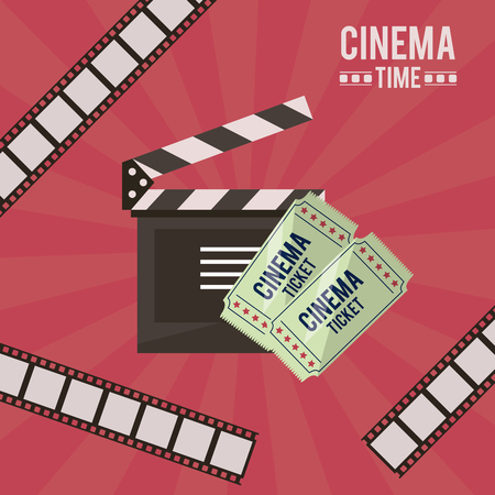 colorful poster of cinema time with film tape in background and clapperboard and tickets vector illustrationのイラスト素材