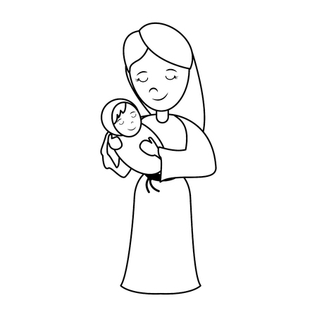 virgin mary carrying baby jesus  holy family icon image vector illustration design  black lineのイラスト素材