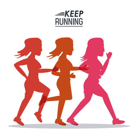 white background of poster keep running with colorful silhouettes of female athletes vector illustrationのイラスト素材
