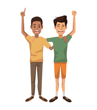 white background with color graphic of couple of male friends posing one caucasian and other afro american vector illustrationのイラスト素材