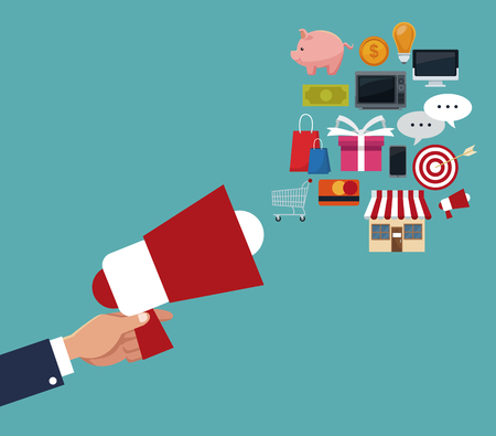 color background of executive sleeve hand holding a megaphone with items online purchases floating vector illustrationのイラスト素材