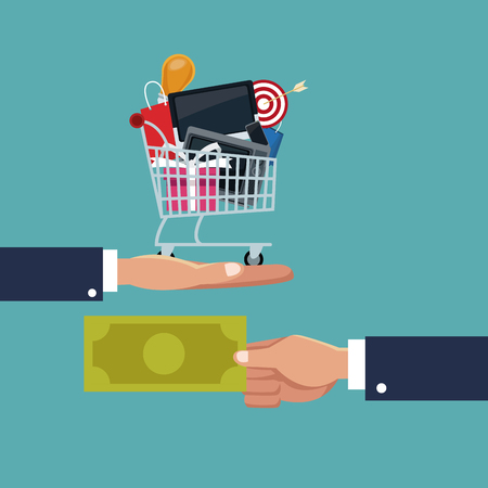color background scene of exchange of money by shopping cart vector illustrationのイラスト素材