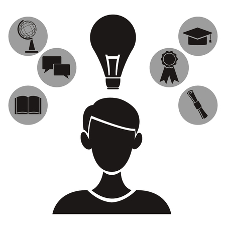 white background with monochrome profile person and light bulb with icons in circular frames of academic knowledge elements vector illustrationのイラスト素材