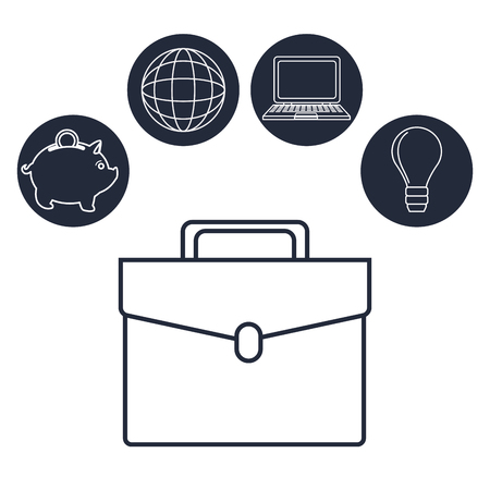 White background with silhouette executive briefcase with icons investment global business vector illustrationのイラスト素材