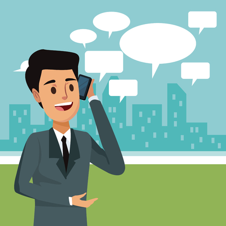 city landscape background with closeup businessman and dialog box social network communication vector illustrationのイラスト素材