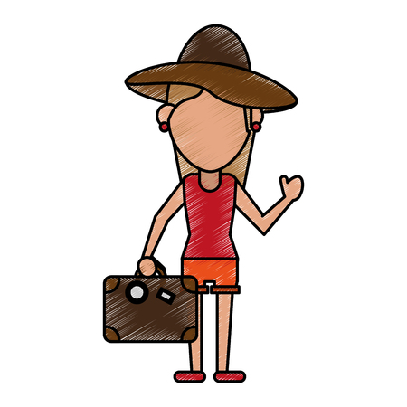 Woman tourist with briefcase doodle over white background vector illustrationのイラスト素材